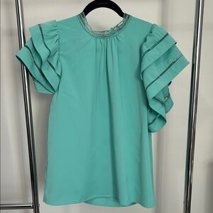 Aqua Ruffle Sleeve Blouse